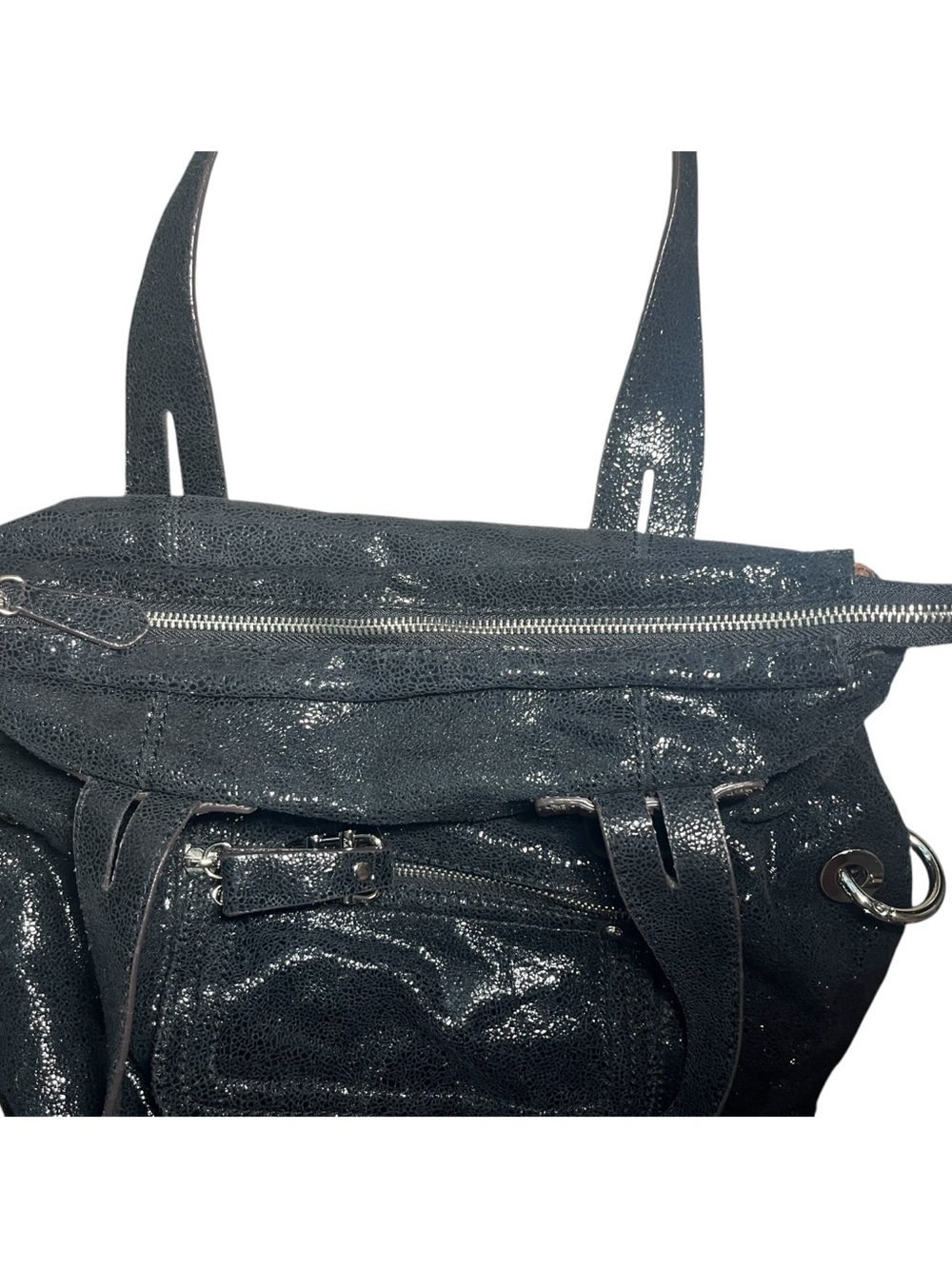B. Makowsky Black Crackle Shimmer Genuine Leather Hobo Shoulder Bag | Y2K - Picture 5 of 8